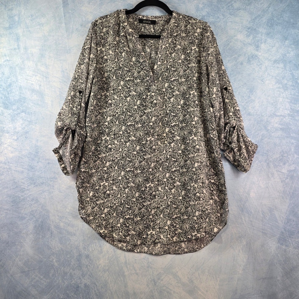 ANGL Womens Black White Floral Roll Tab Sleeve Split Neck Tunic‎ Blouse Small